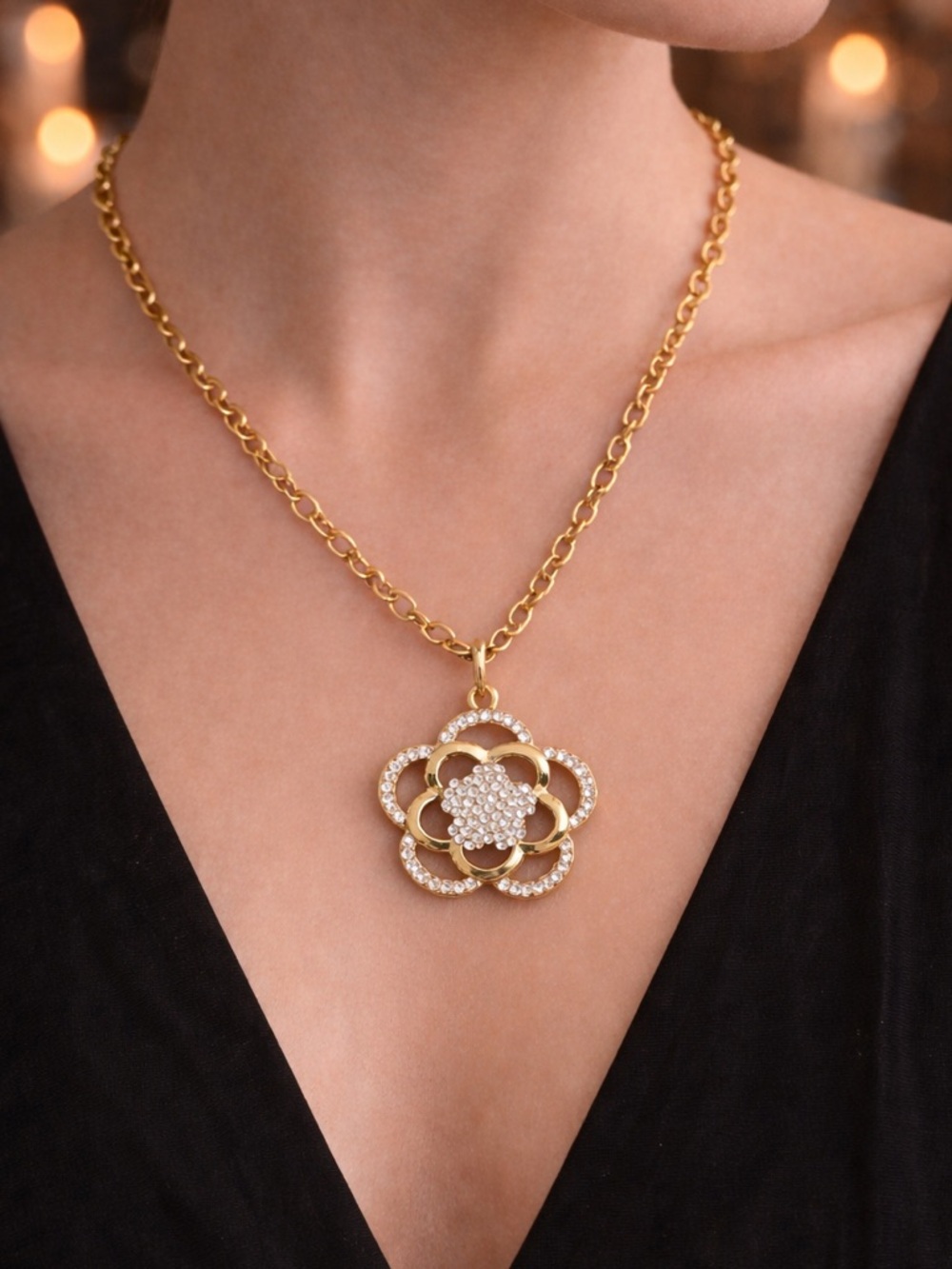 Gold Tone Floral Statement Necklace Crystal Rhinestone Pendant Adjustable Chain